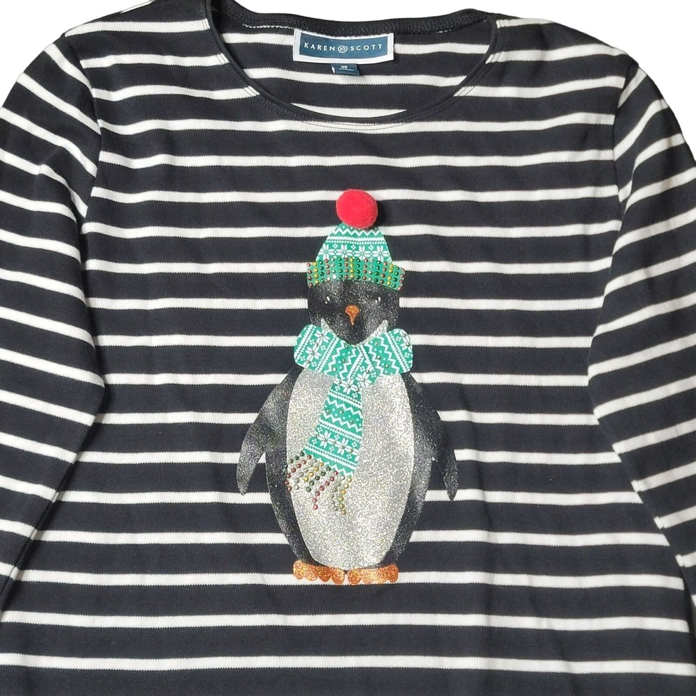 Karen Scott Christmas Tee Black White Stripe Long Sleeve Glitter Penguin Holiday
